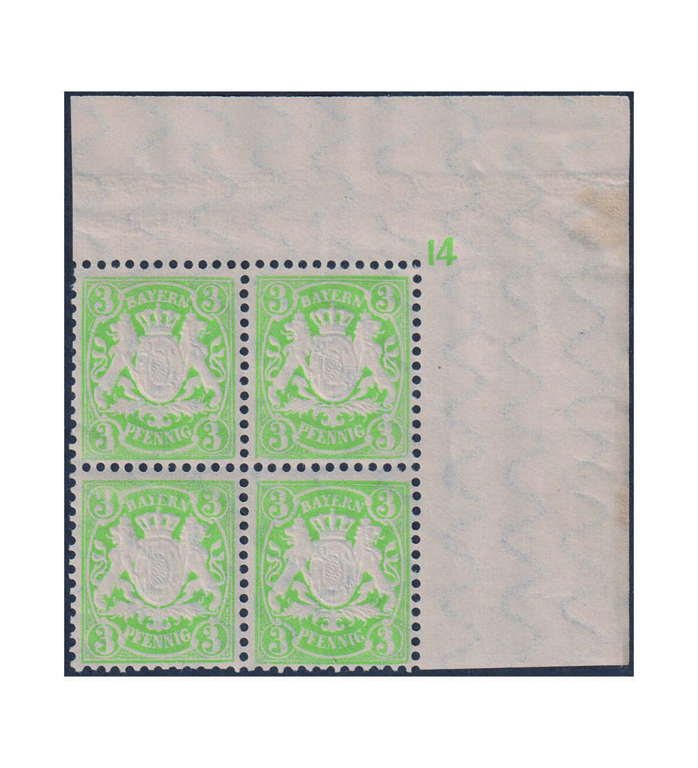 Bayern Nr. 47 Pl-Nr. Viererblock aus der rechten oberen Bogenecke