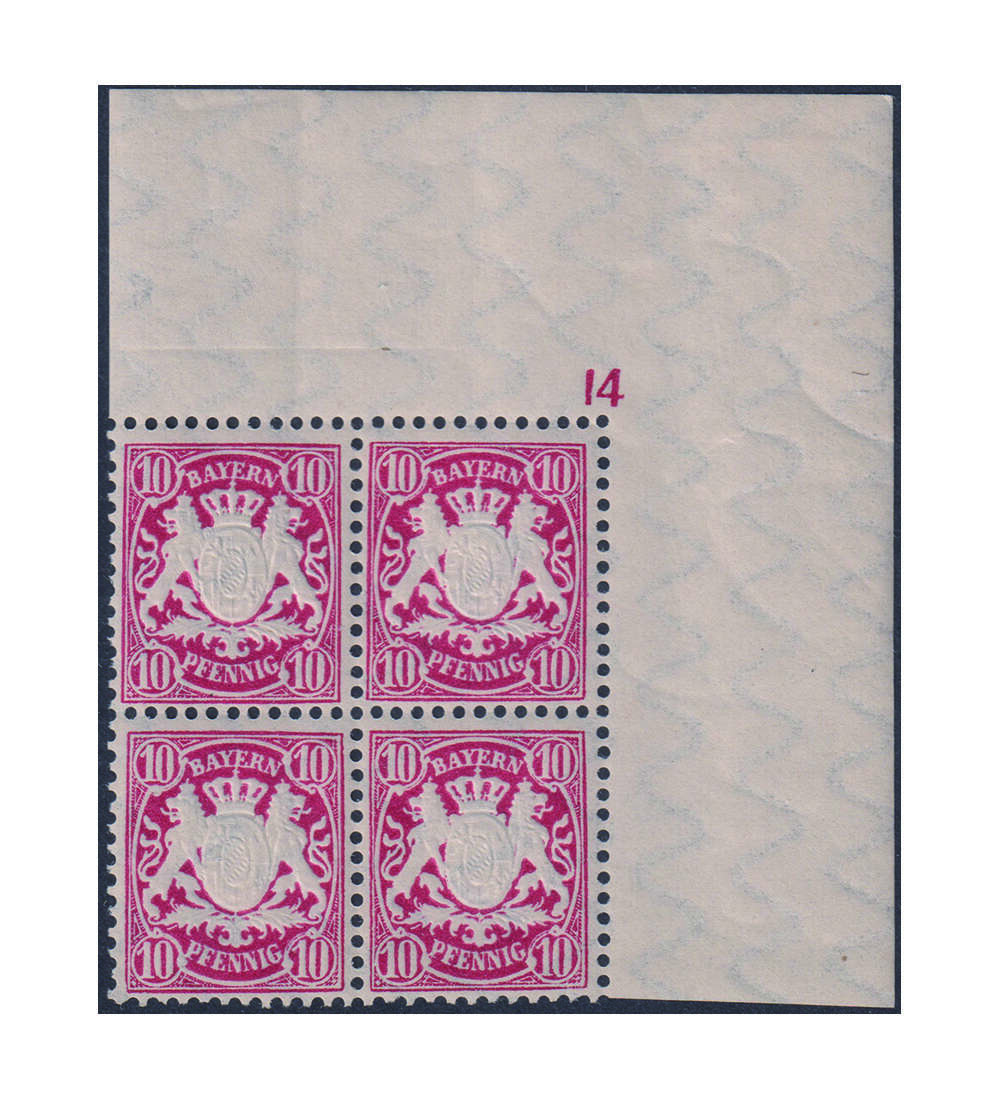 Bayern Nr. 49 b Pl-Nr. Viererblock aus der rechten oberen Bogenecke