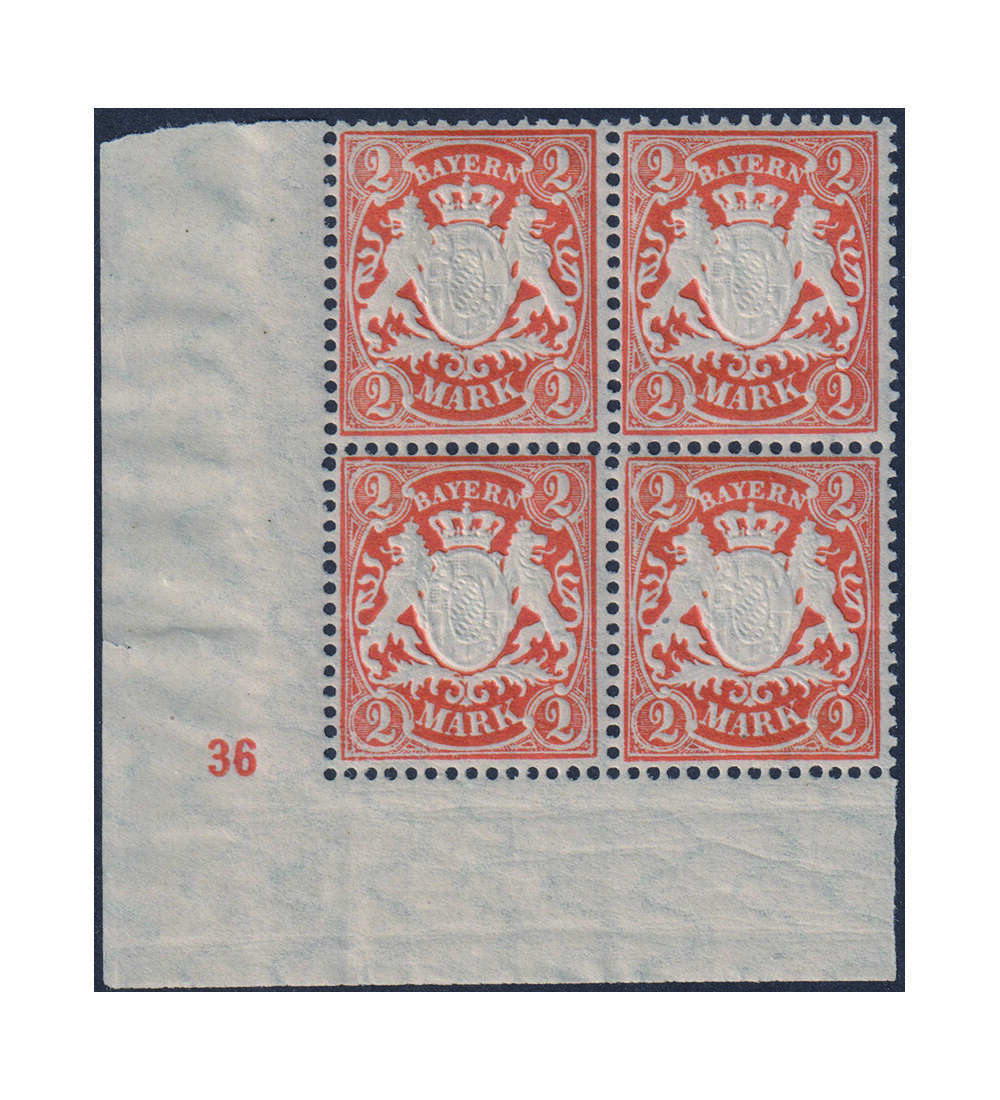 Bayern Nr. 64 y Pl-Nr. postfrisch Viererblock aus der linken unteren Bogenecke