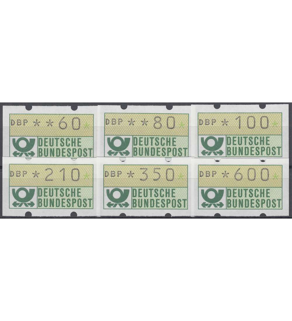 BRD ATM1.1 hv VS8 post. mit Nr 60/80/100/210/350/600 Pfg. DBP normal/weier Gummi