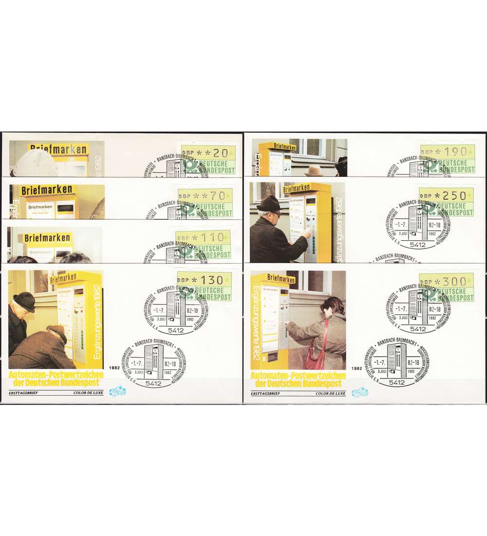 BRD-ATM-FDC Posthorn VS 2 Wertst. 20 - 300 Pfennig auf 7 Ersttagsbriefen