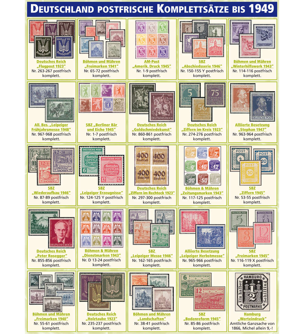 Deutschland 24 postfrische ** Komplettstze bis 1949 plus Hamburg-Ganzsache