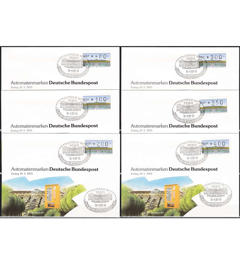 BRD Bund ATM Sanssouci Typ2.1.2 auf 6 Ersttagsbriefen