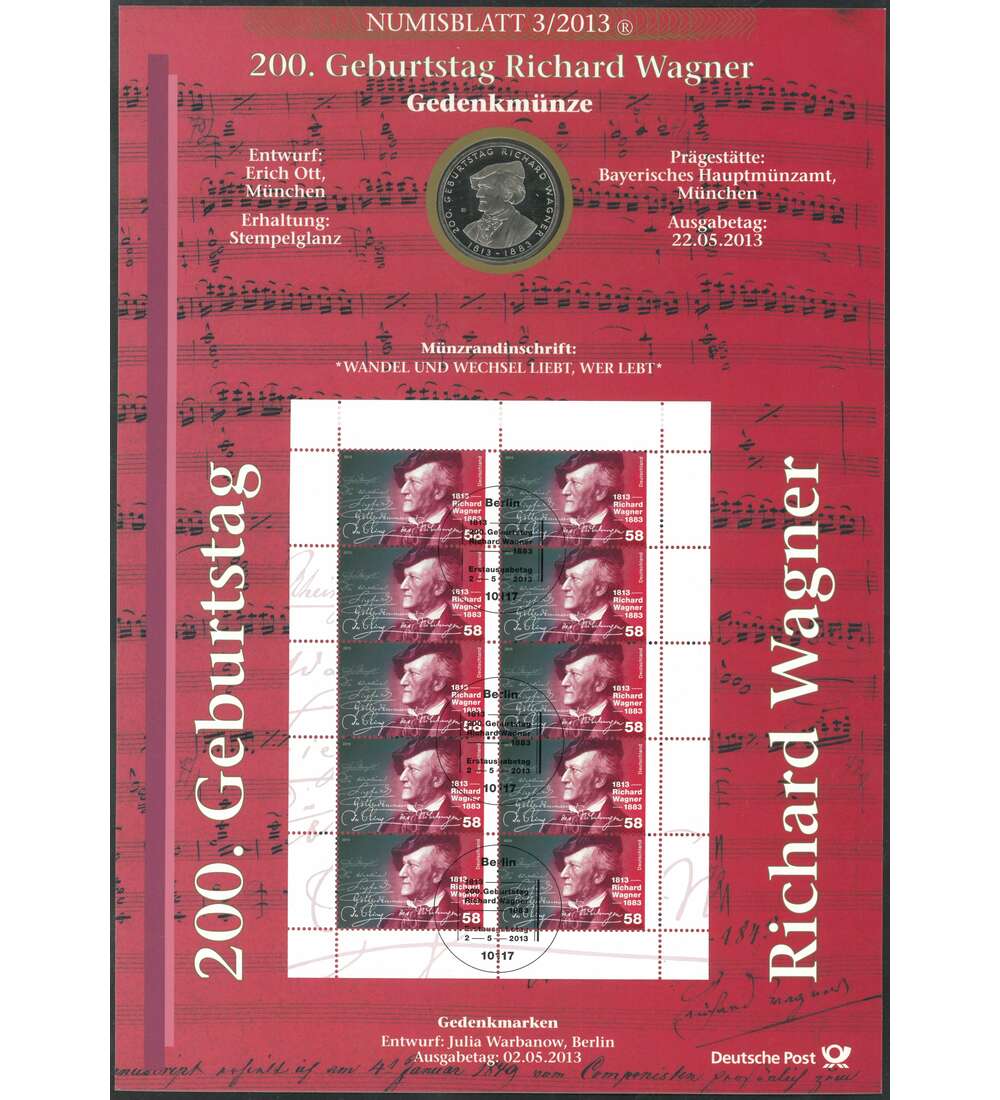 BRD Bund Numisblatt 3/2013 200. Geburtstag Richard Wagner