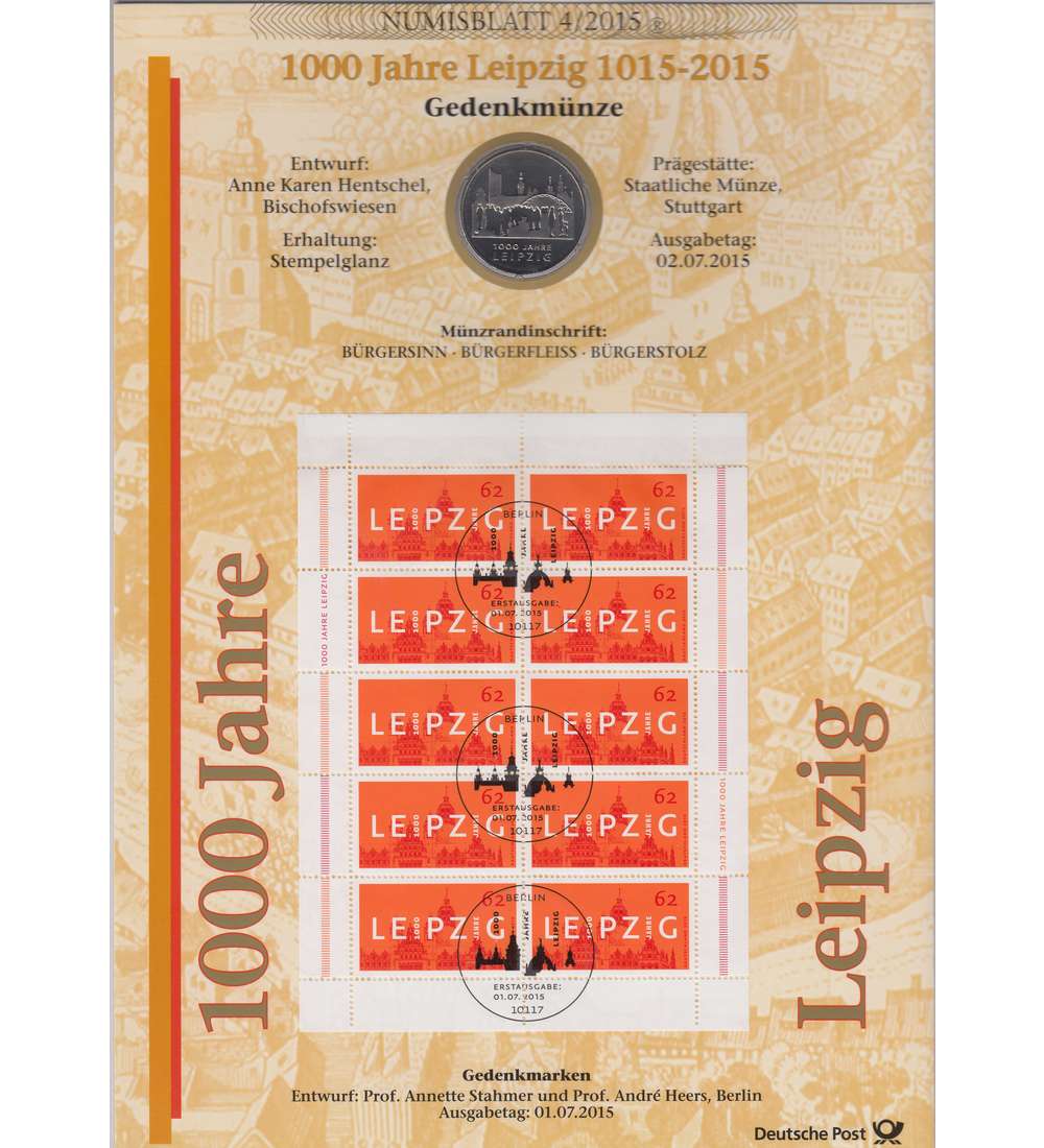BRD Bund Numisblatt 4/2015 1000 Jahre Leipzig