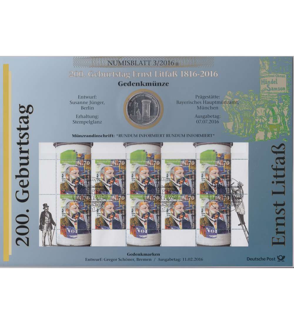 BRD Bund Numisblatt 3/2016 200. Geburtstag Ernst Litfa