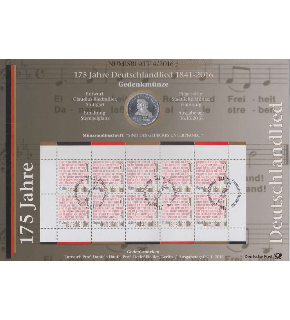 BRD Bund Numisblatt 4/2016 175 Jahre Deutschlandlied