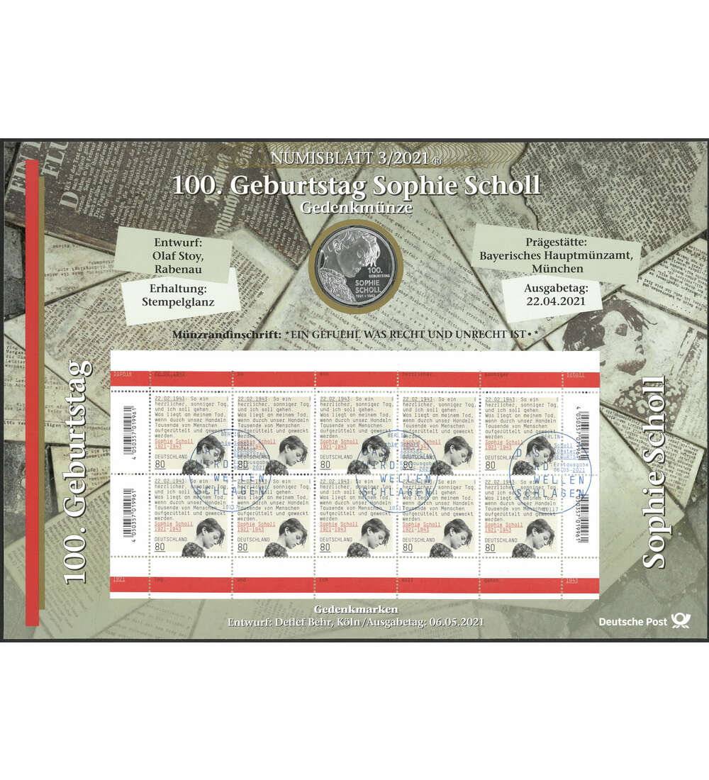 BRD Numisblatt 3/2021 Sophie Scholl