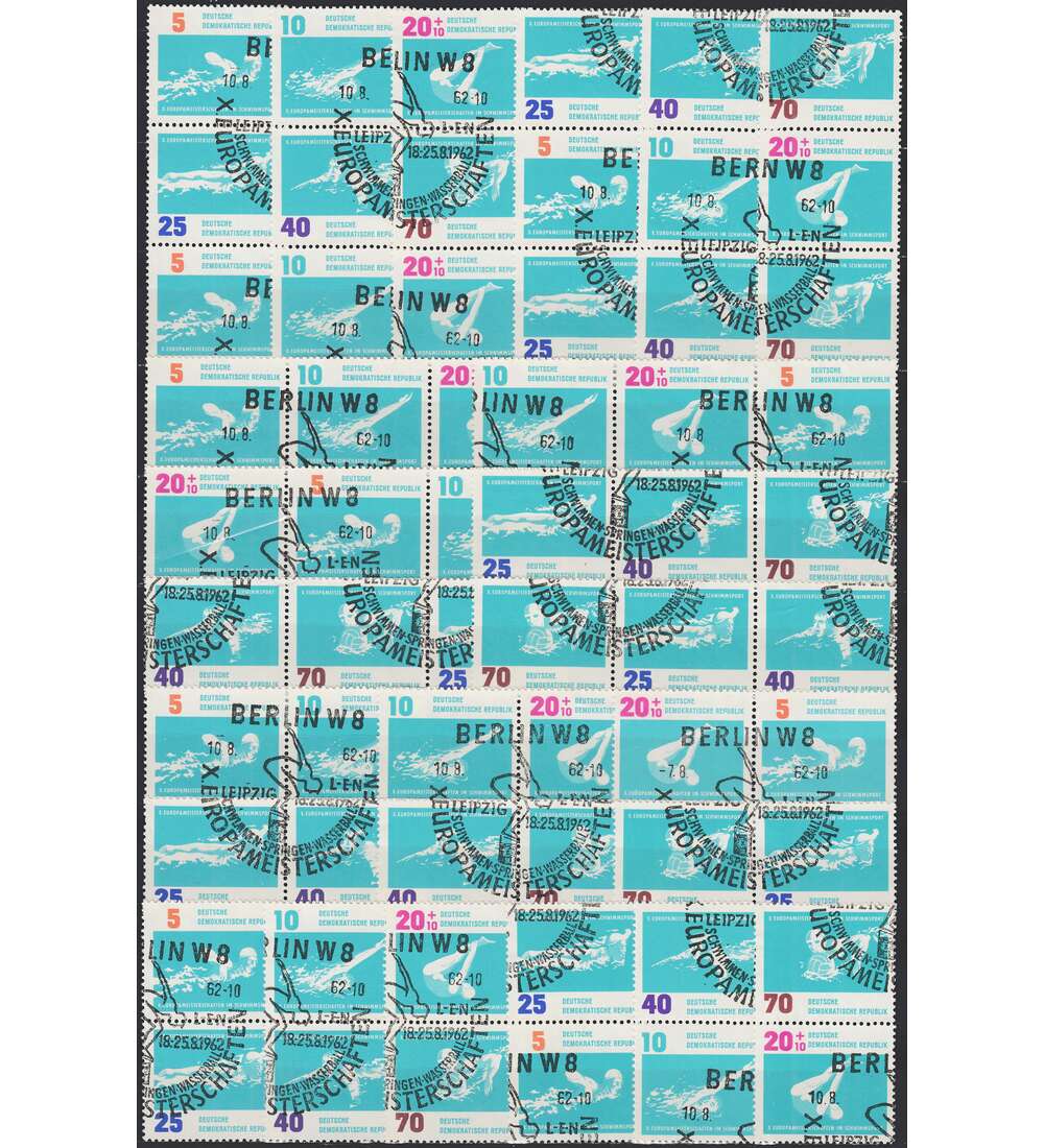 DDR Zusammendrucke Nr. 907-912 gestempelt  Schwimm-EM 1962  WZd 46 - SZd 39, 24 Kombinat.