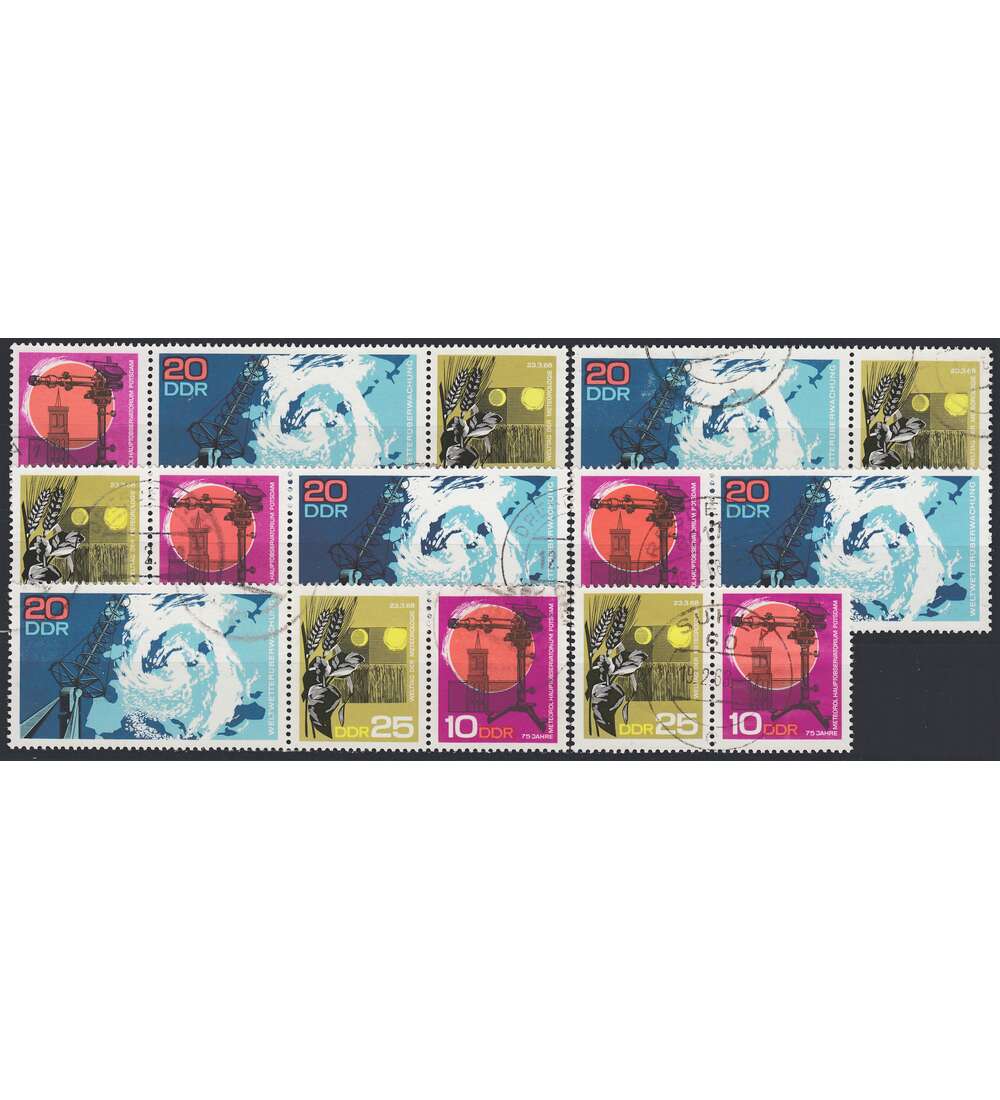 DDR ZD Nr. 1343-1345 gestempelt  Meteorologie 1968            WZd 186 - WZd 191, 6 Kombinationen