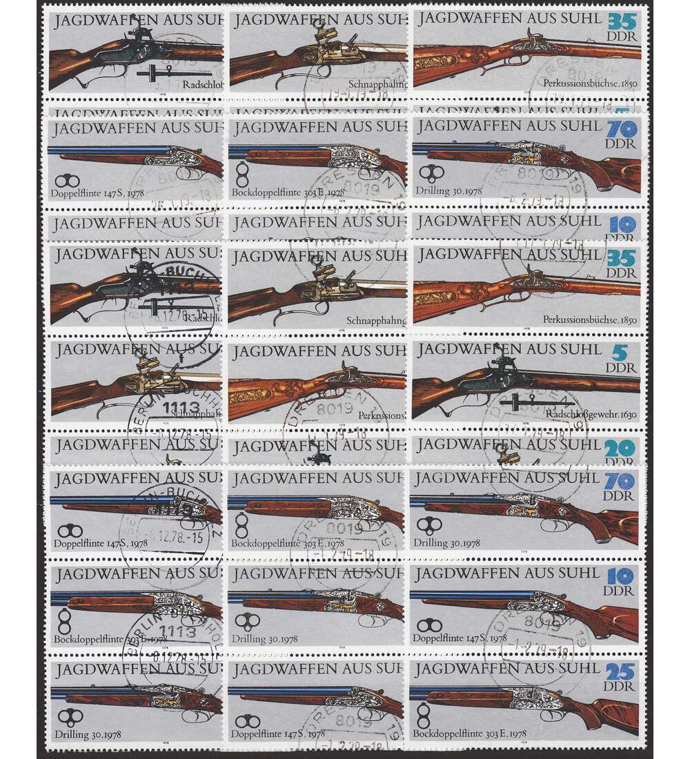 DDR ZD Nr. 2376-2381 gestempelt Jagdwaffen 1978 SZd 168 - SZd 179, 12 Kombinationen