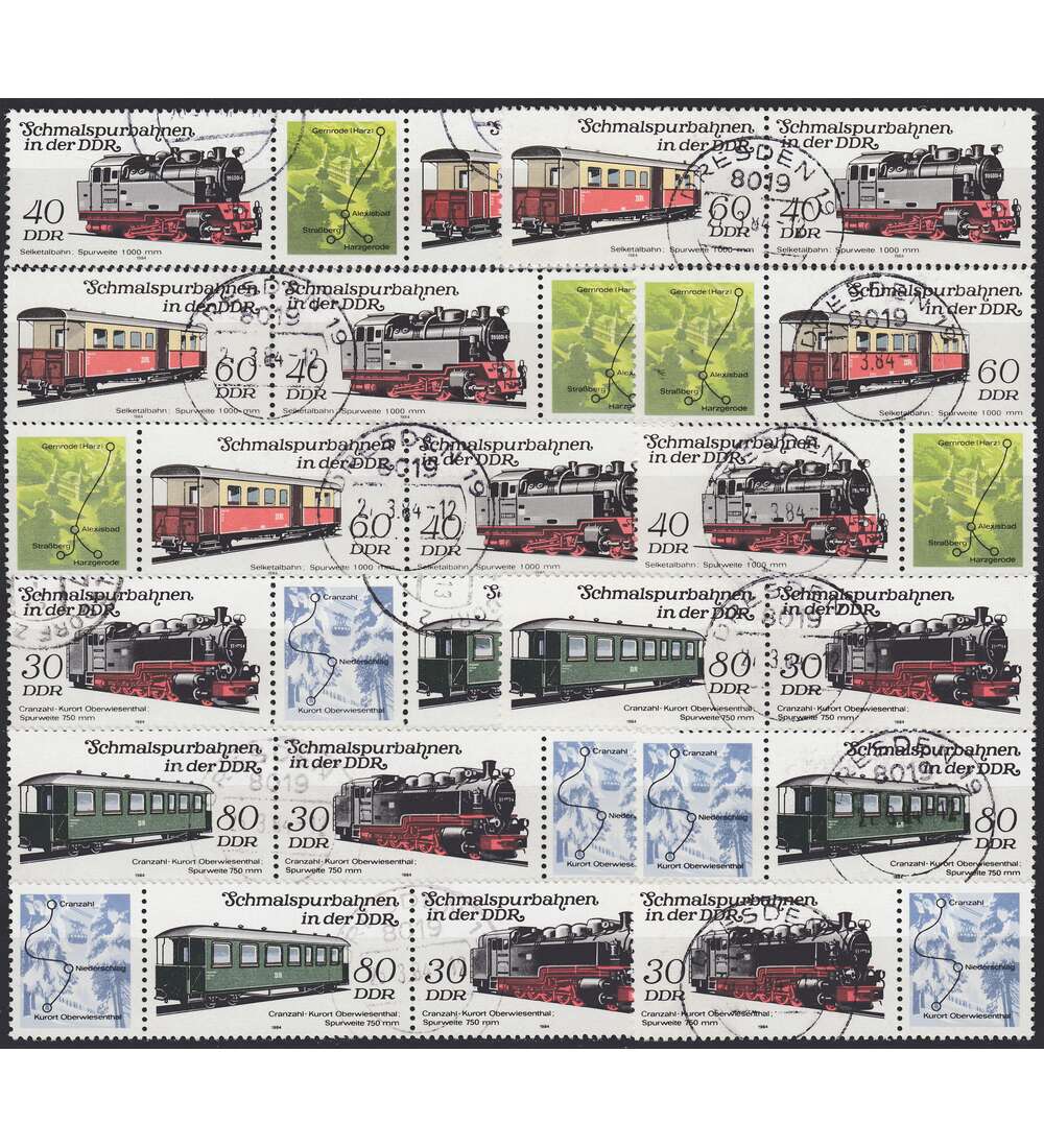 DDR ZD  Nr. 2864-2867 gestempelt Schmalspurbahnen 1984 WZd 576 - WZd 587, 12 Kombinationen