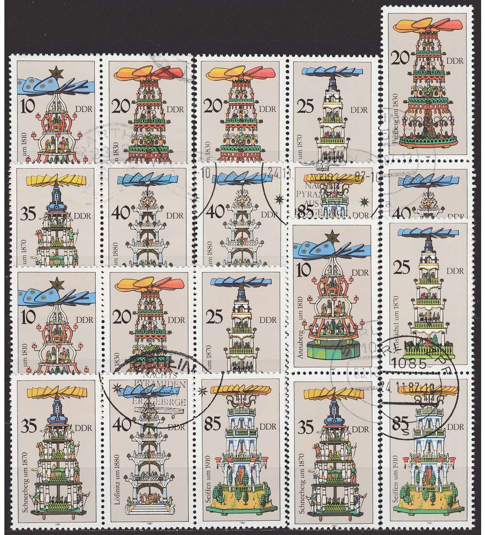 DDR ZD  Nr. 3134-3139 gestempelt Weihnachtspyramiden 1987 WZd 727 - SZd 350, 9 Kombinationen