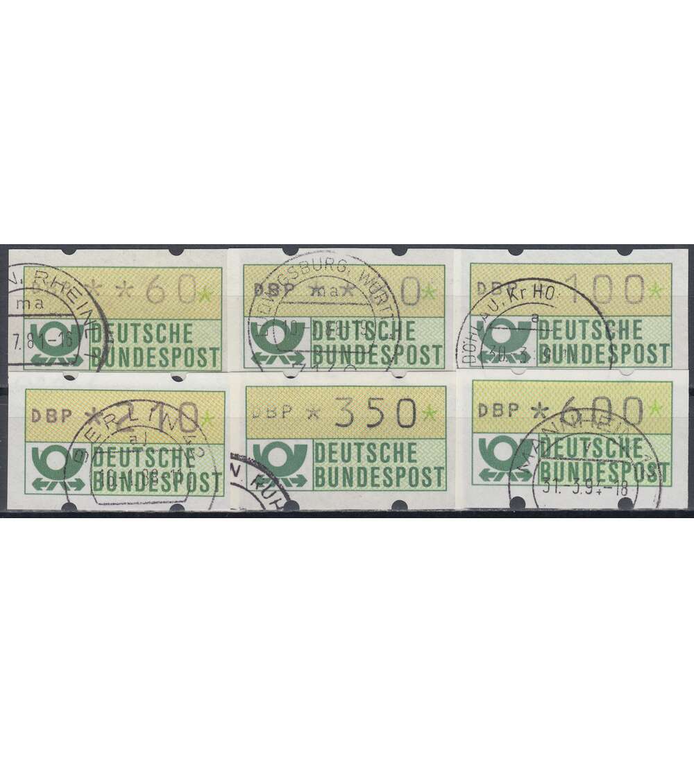 BRD Bund  ATM1.1 hu VS8 gestempelt   60/80/100/210/350/600 Pfg.     DBP normal/gelber Gummi