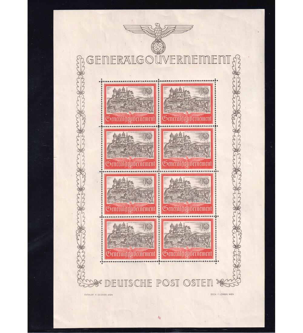 Generalgouvernement Kleinbogen Nr. 65 postfrisch mit kleinen Fehlern Burg v. Krakau 1941