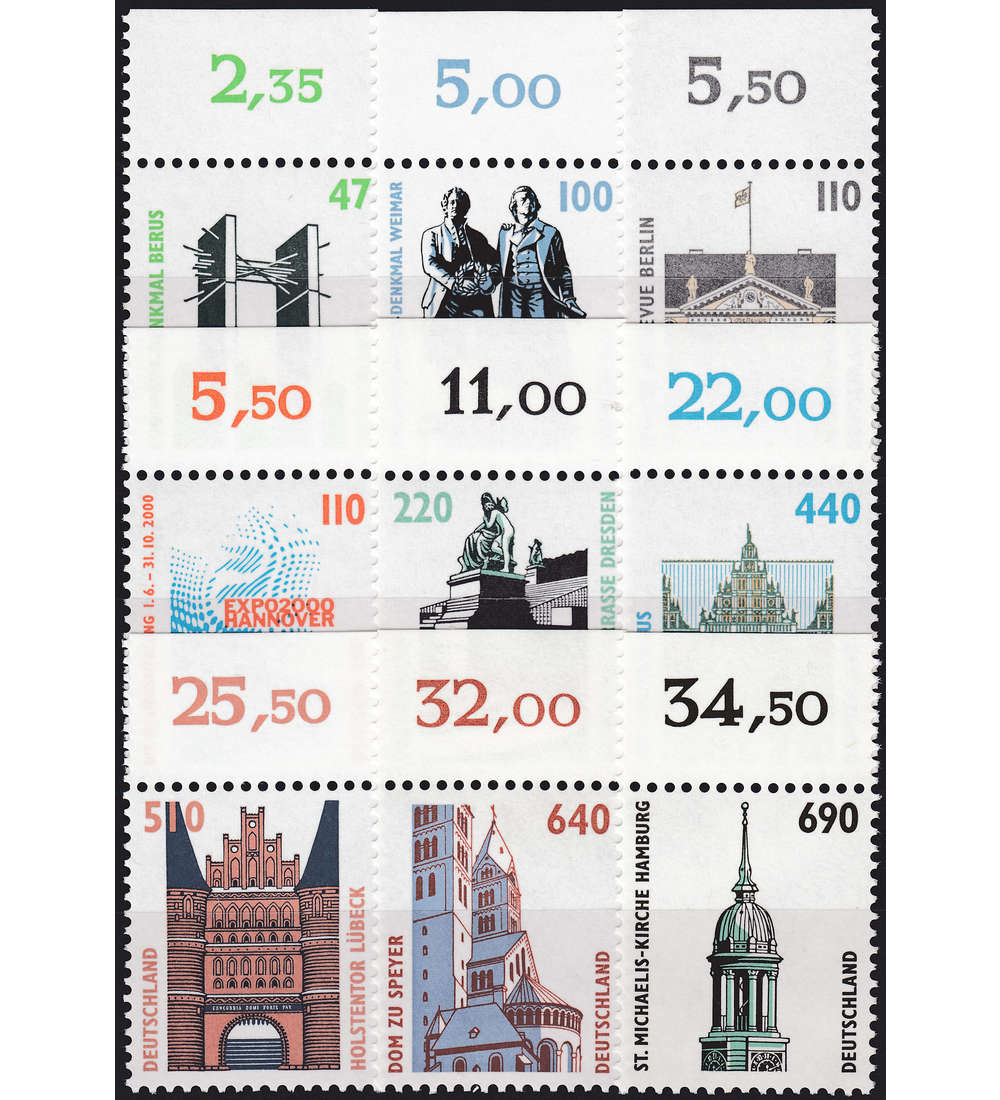 BRD Bund  Sehenswrdigkeiten II - Oberrandsatz aus 10er-Kleinb. 9 Wertstufen DM-Whrung