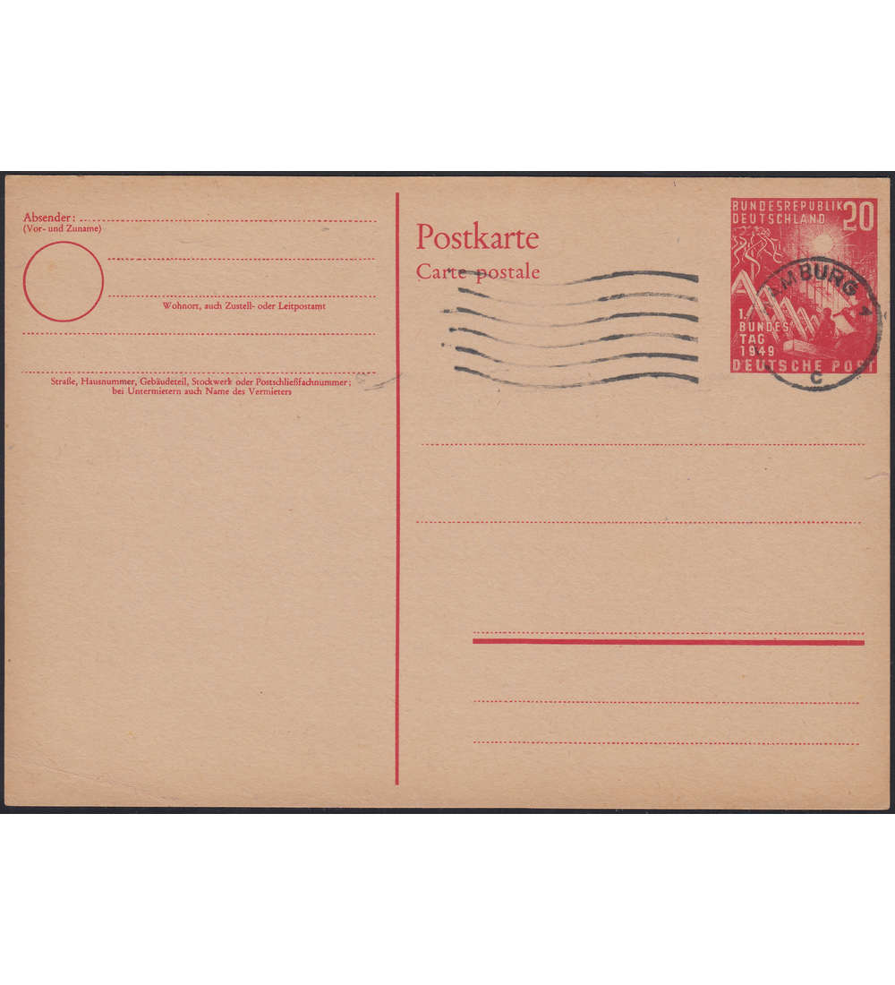 BRD Bund  Postkarte PSo 2 gestempelt 20 Pfg. Bundestag 1949