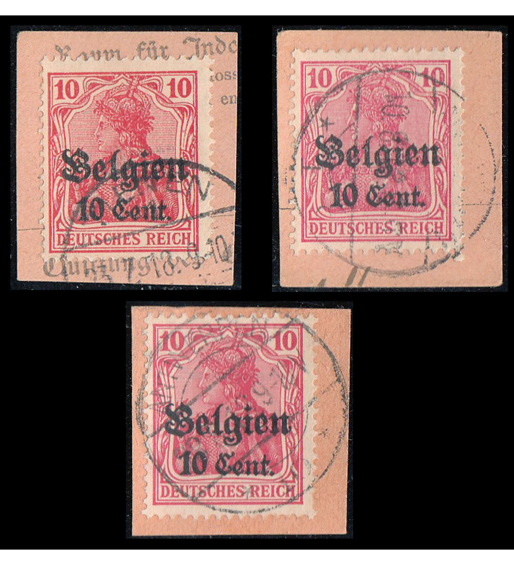Deutsche Besetzung Belgien Nr. 14a, b + cII gestempelt auf Paketkartenabschnitten