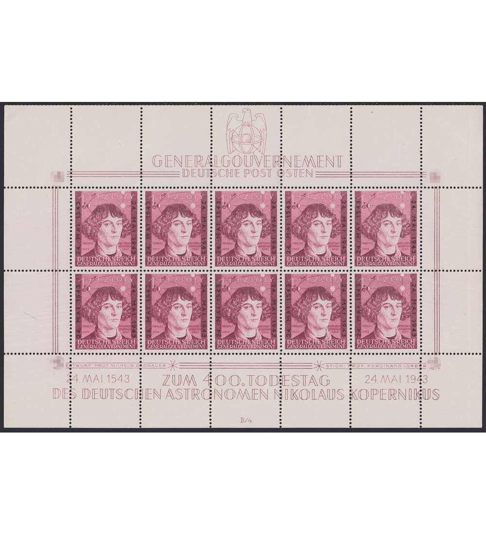 Generalgouvernement Nr. 104 postfrisch ** Kleinbogen mit Plattenfehler IV