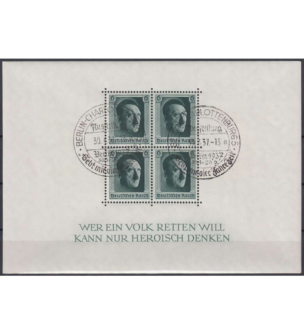 Deutsches Reich Block 7 mit SST Berlin-Charlottenburg 30.4.37 Ausstellung Gebt mir vier Jahr