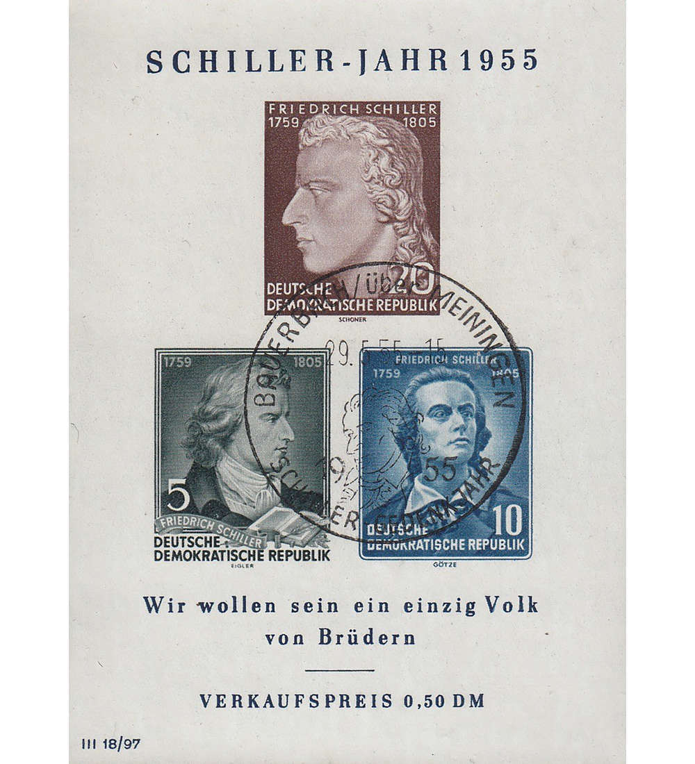 DDR Block 12 mit Sonderstempel Bauerbach ber Meiningen Schillerjahr