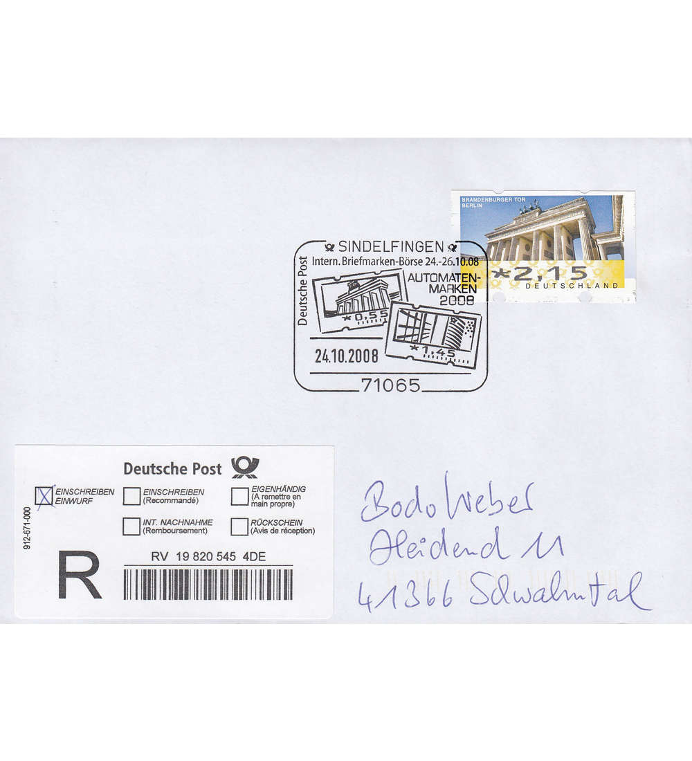 BRD Bund ATM 215 Cent Verschnitt auf Einschreibebrief