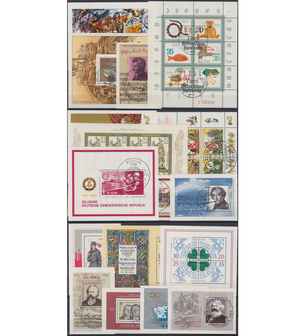 DDR 17 Blocks und Kleinbogen gestempelt auf 3 Steckkarten