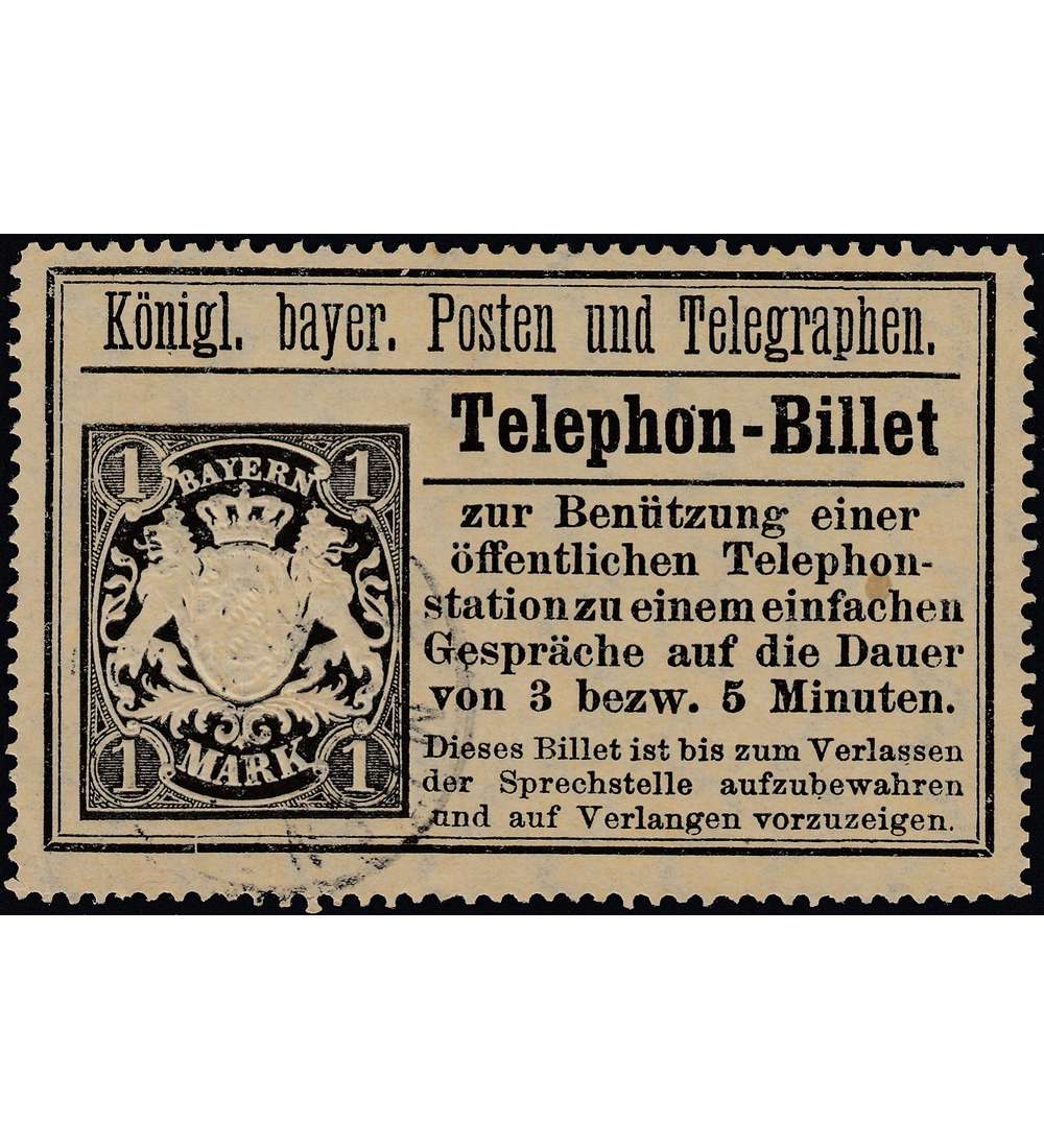 Bayern Telephon-Billet 1 Mark (Nr. TB 22 a) entwertet