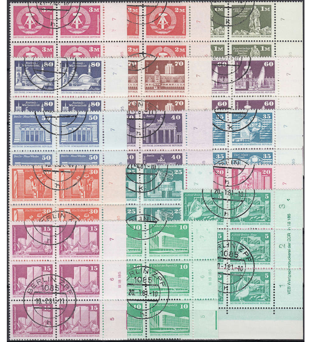 DDR 15 Werte Kleine Bauten gestempelt Druckvermerke im 6-er-Block