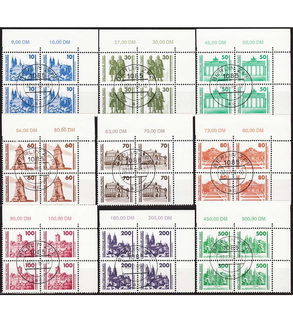 DDR Nr. 3344-3352 gestempelt Eckrand-4er-Block-Satz oben rechts