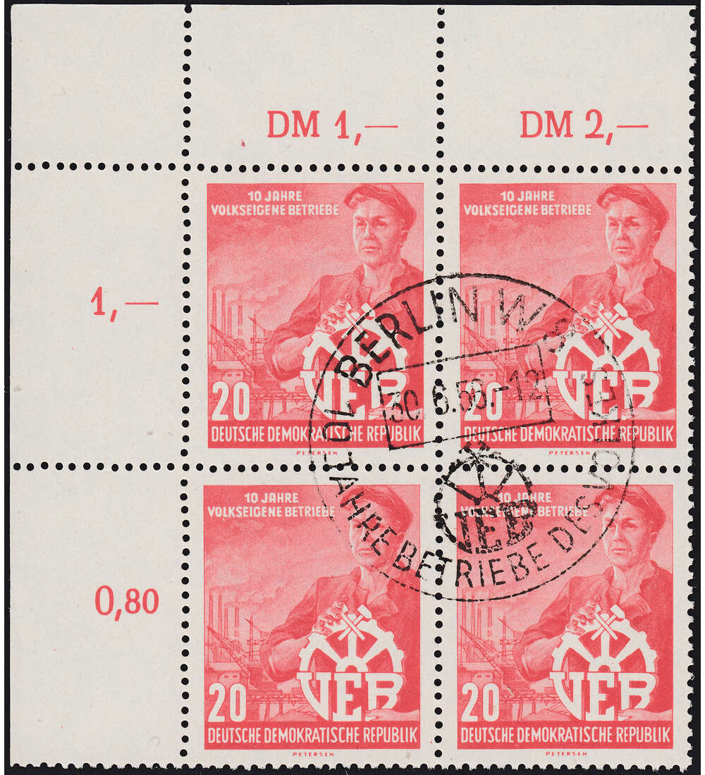 DDR Nr. 527 Y II zentrisch gestempelter Eckrand-4er-Block