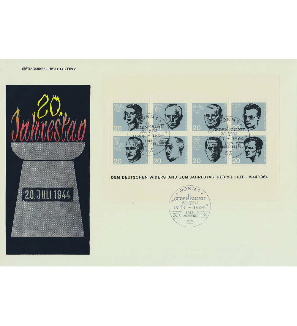 BRD-FDC Block 3 20 Jahrestag Wiederstandskmpfer-Block 1964