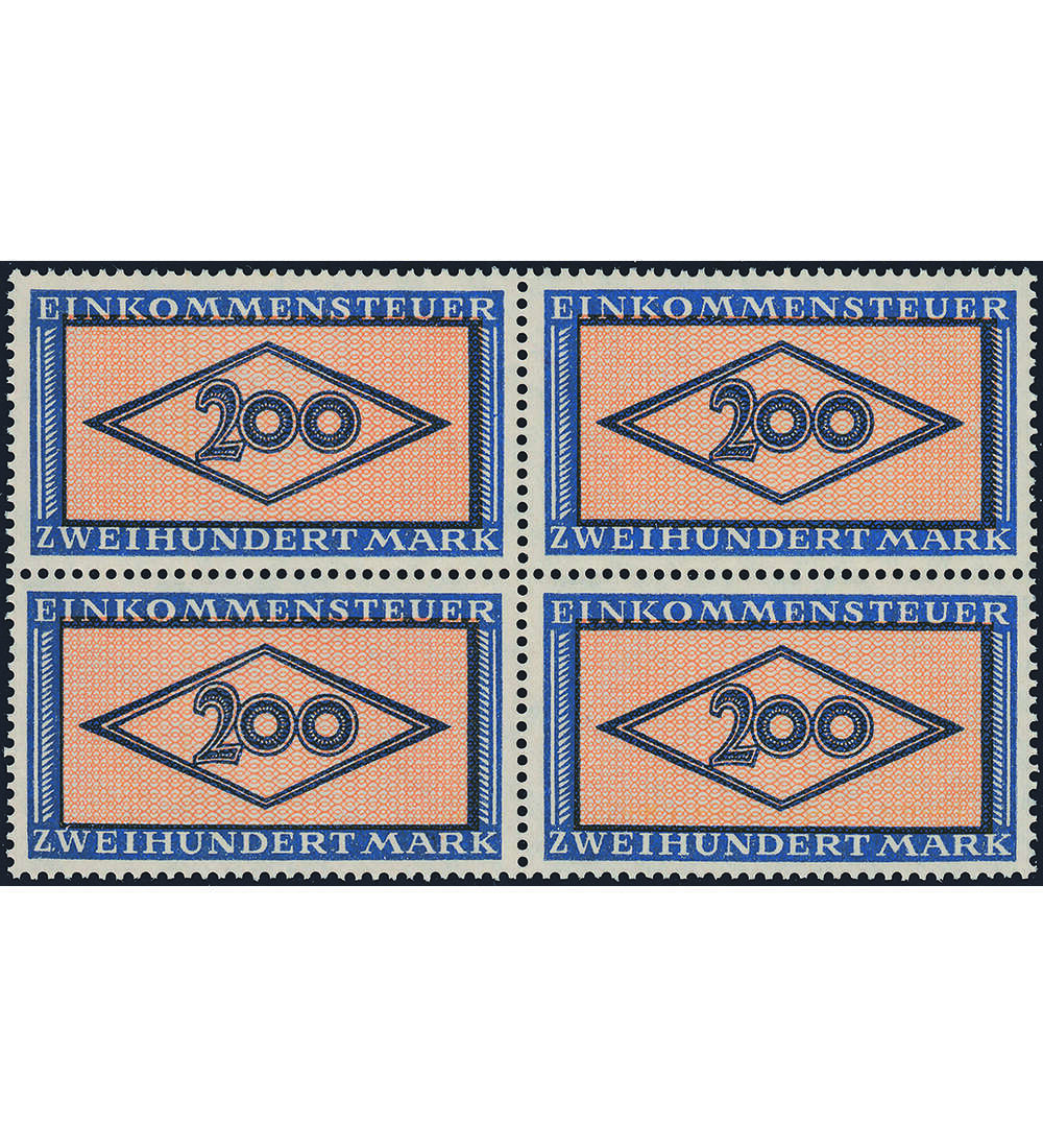 Dt. Reich - Einkommenssteuer- marke mit Nennwert 200 Mark im postfrischen Viererblock