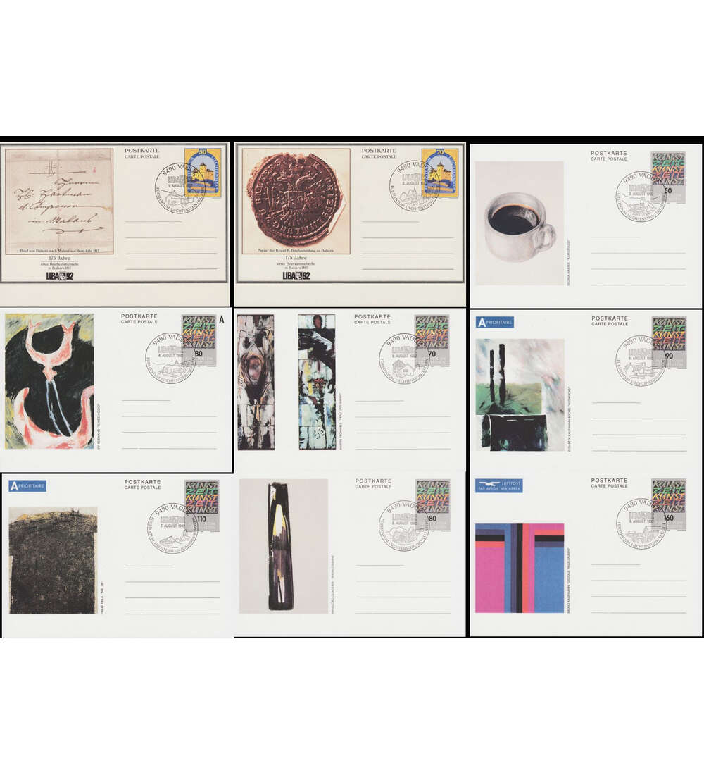 Liechtenstein - Postkarten 9 Kunst-Postkarten mit Sonder- stempel zur Briefmarkenmesse