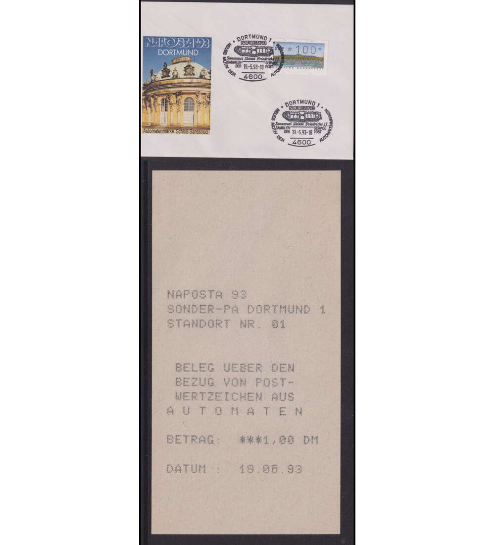 BRD ATM-Sonderbeleg zur NAPOSTA 1993 mit Bezugs- quittung vom Sonder-Postamt