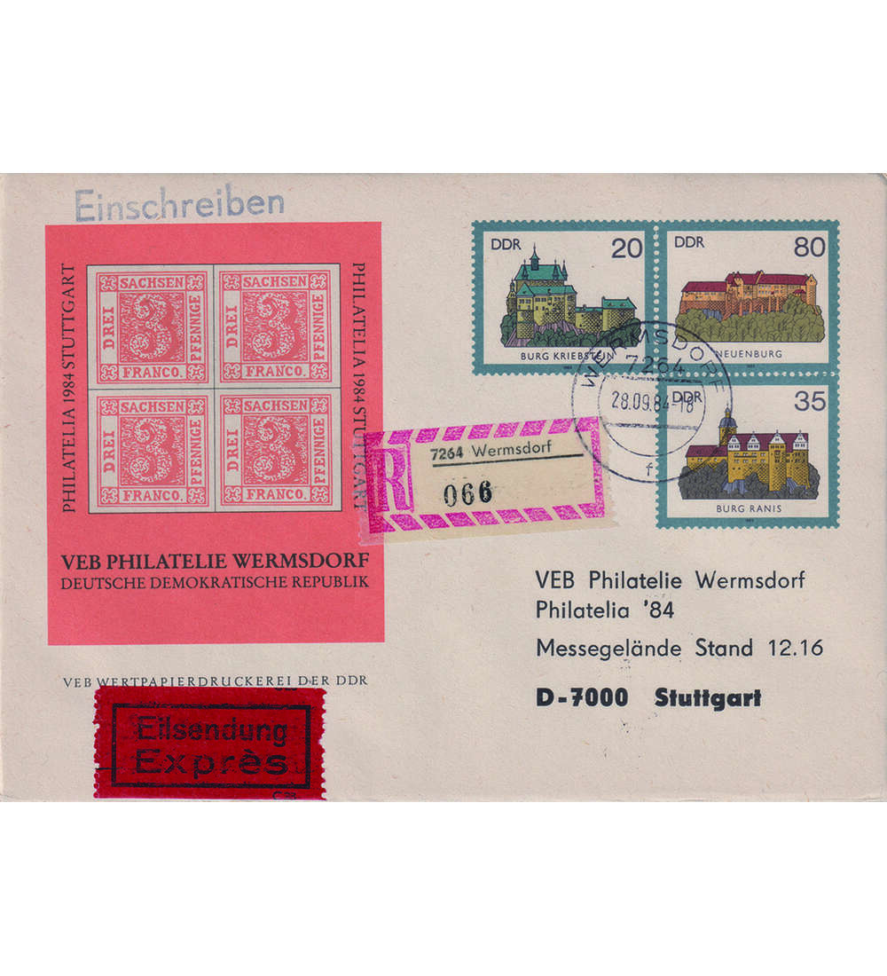 DDR-Ganzsache U 1 gestempelt mit Zudruck Stuttgart zur PHILATELIA 1984 Stuttgart