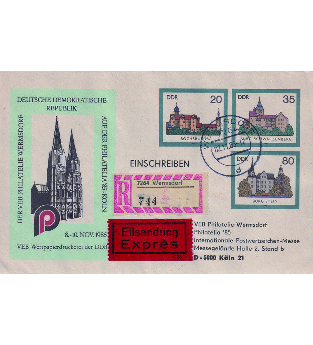 DDR-Ganzsache U 2 gestempelt mit Zudruck K�ln zur PHILATELIA �85 - K�ln
