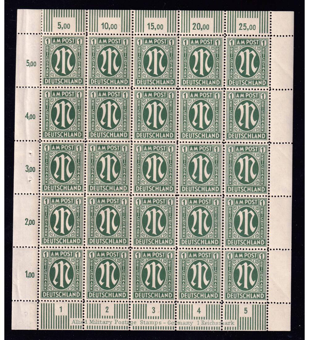BiZone Nr. 35 postfrischer Bogen 1 Reichsmark AM-Postdeutscher Druck