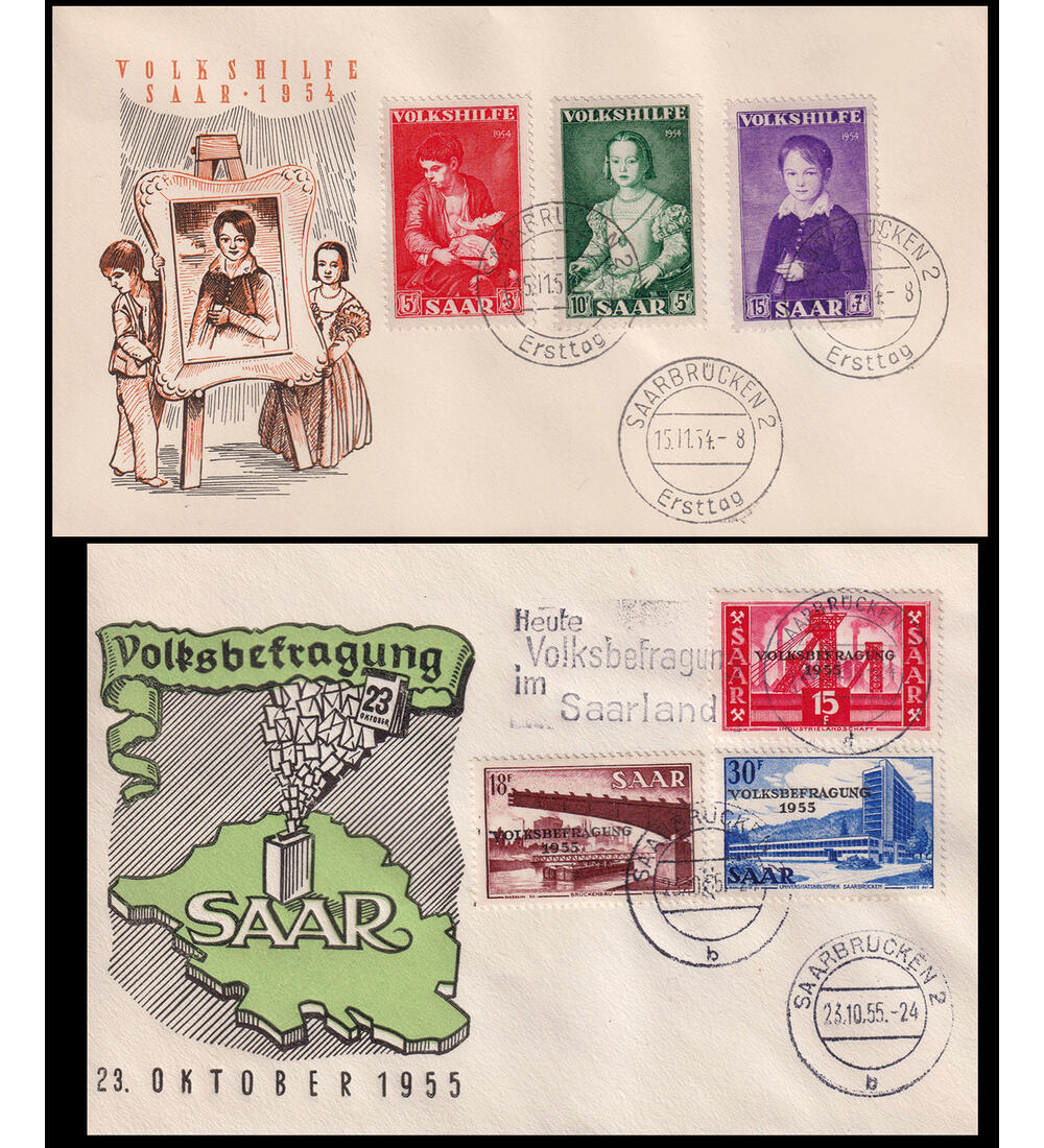 Saar - Sonderbelge Volkshilfe 1954 Nr. 354-356 u. Volksbefragung Nr. 362-364