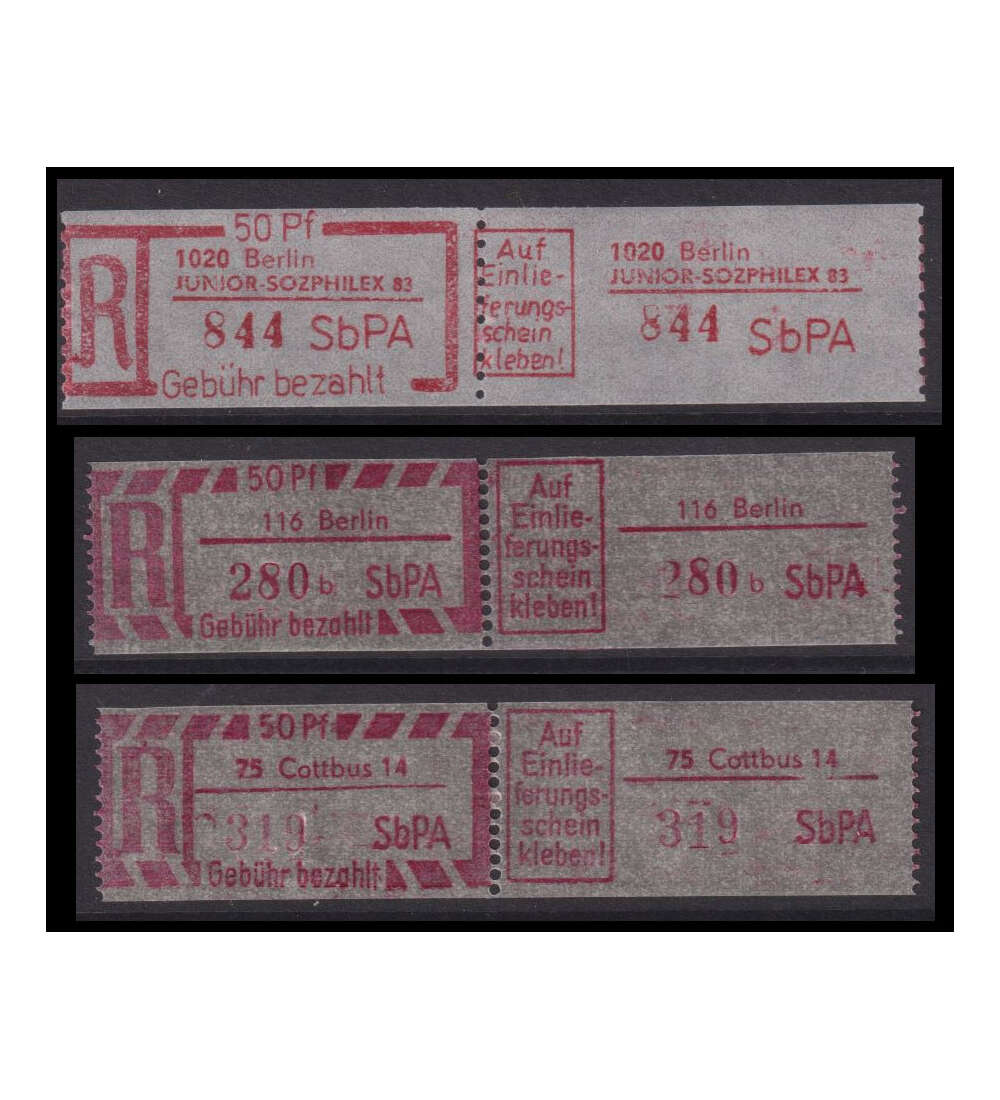 DDR - Einschreibemarken postfrisch Berlin, Cottbus und Berlin-Sonderpostamt Sozphilex