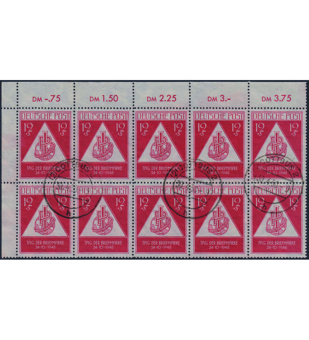 SBZ Tag der Briefmarke 1948 Nr. 228 gestempelter Zehner- block aus der Ecke oben links