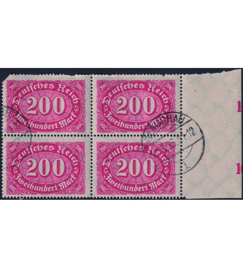Deutsches Reich - Plattendruck Nr. 248 gestempelter 4er-Block Oberrand 200 Mark Queroval