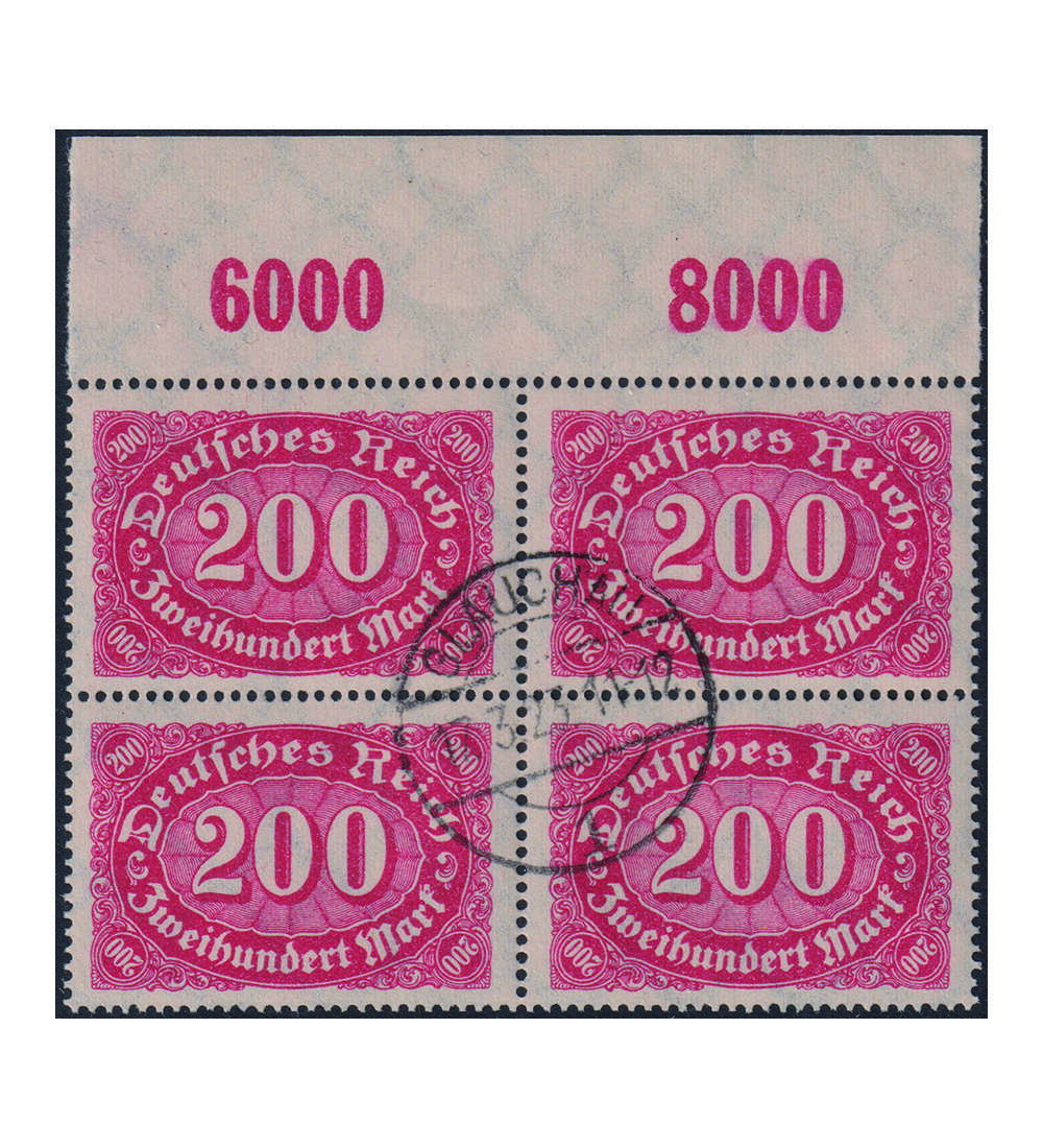Deutsches Reich-Plattenfehler Nr. 248 II im gestempeltem 4er-Block 200 Mark Queroval