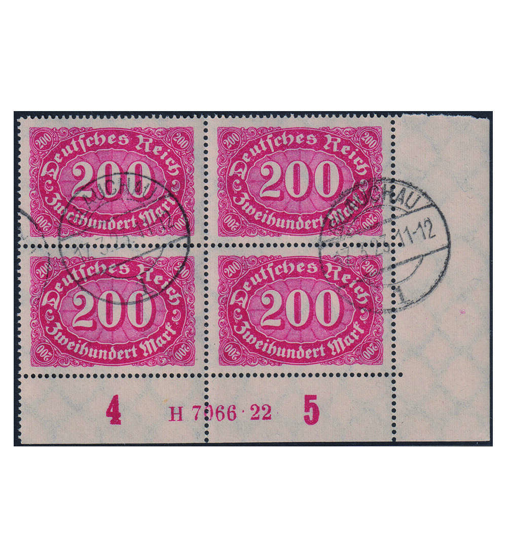 Deutsches Reich - HAN Nr. 248 gestempelter 4er-Block Ecke u. r. 200 Mark Queroval