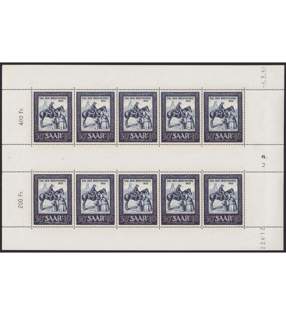 Saar Nr. 316 Kleinbogen postfrisch  Tag der Marke 1952