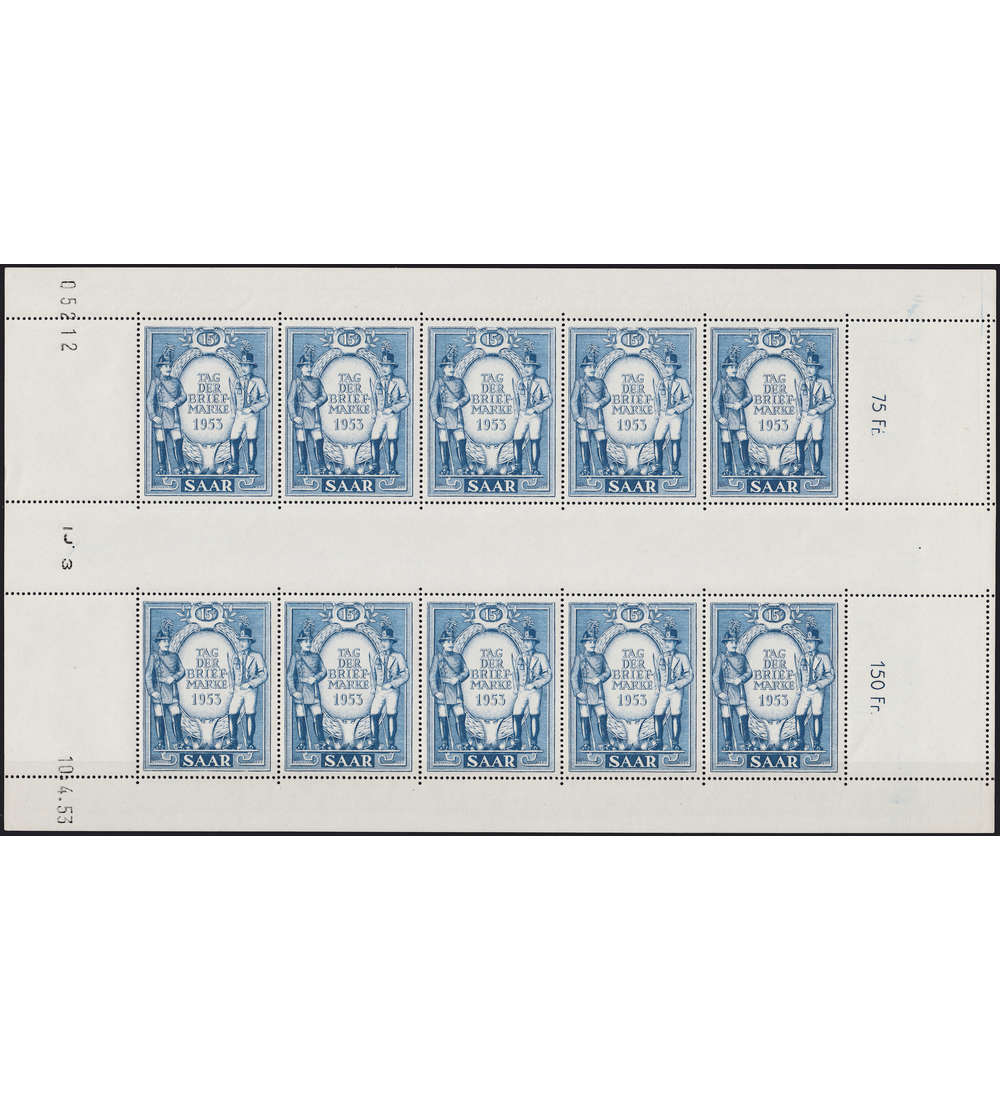 Saar Nr. 342 Kleinbogen postfrisch Tag der Marke 1953