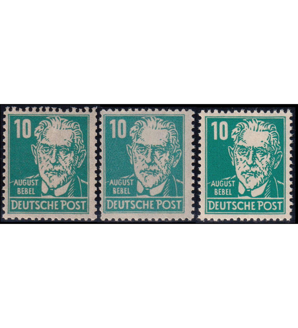 SBZ Nr. 215 a - c postfrisch 10 Pfennig-Wert August Bebel in allen drei Farben