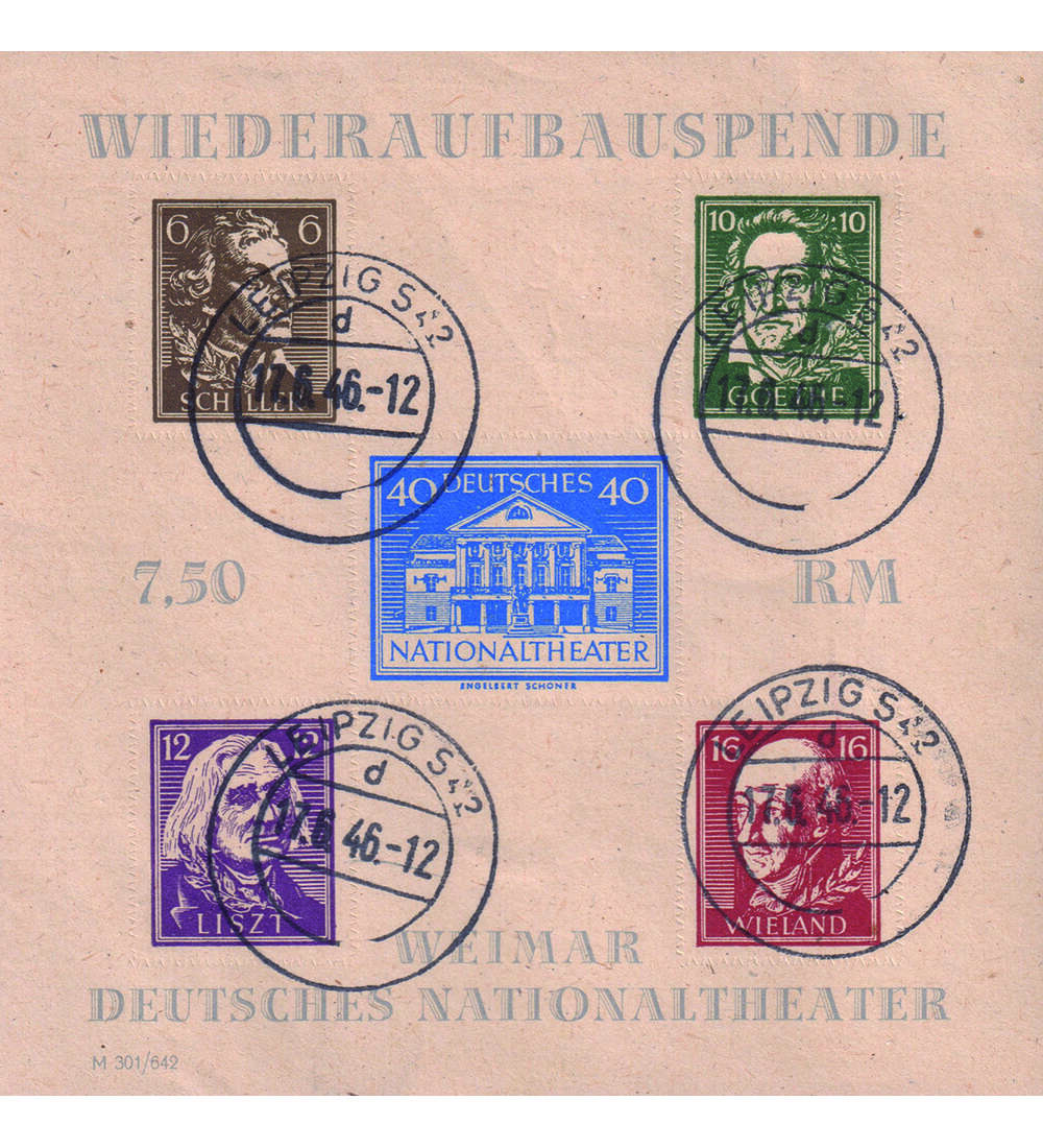 SBZ Wiederaufbau 1946 Block 3 B gestempelt Nationaltheater Weimar
