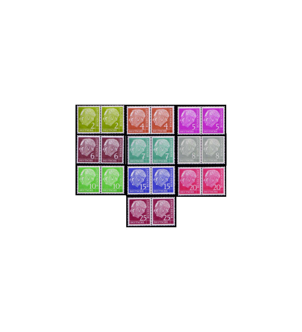 BRD Bund  Heuss Kurzsatz 2-25 Pfg. als waagerechte Paare postfrisch **