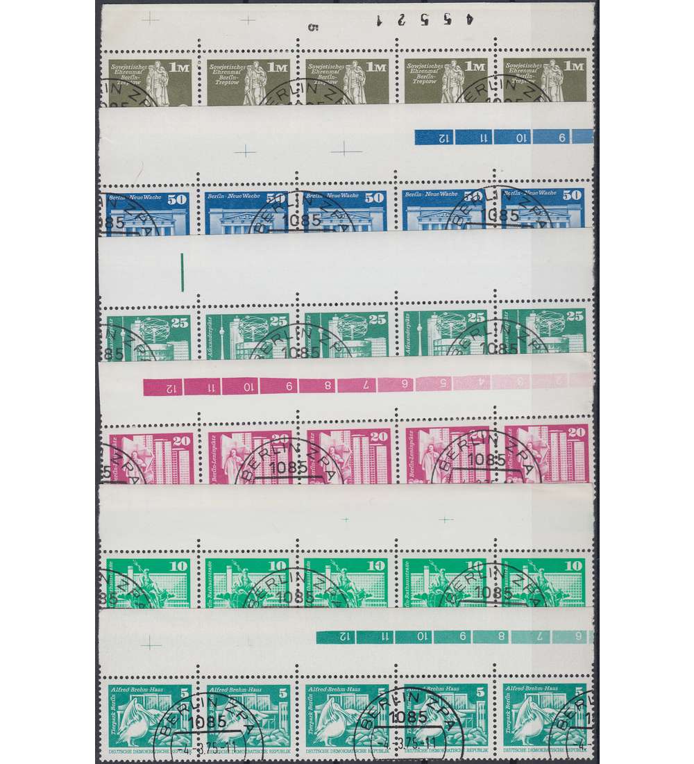 DDR 5er-Rollenstreifen gestempelt Kleine Bauten mit Rand